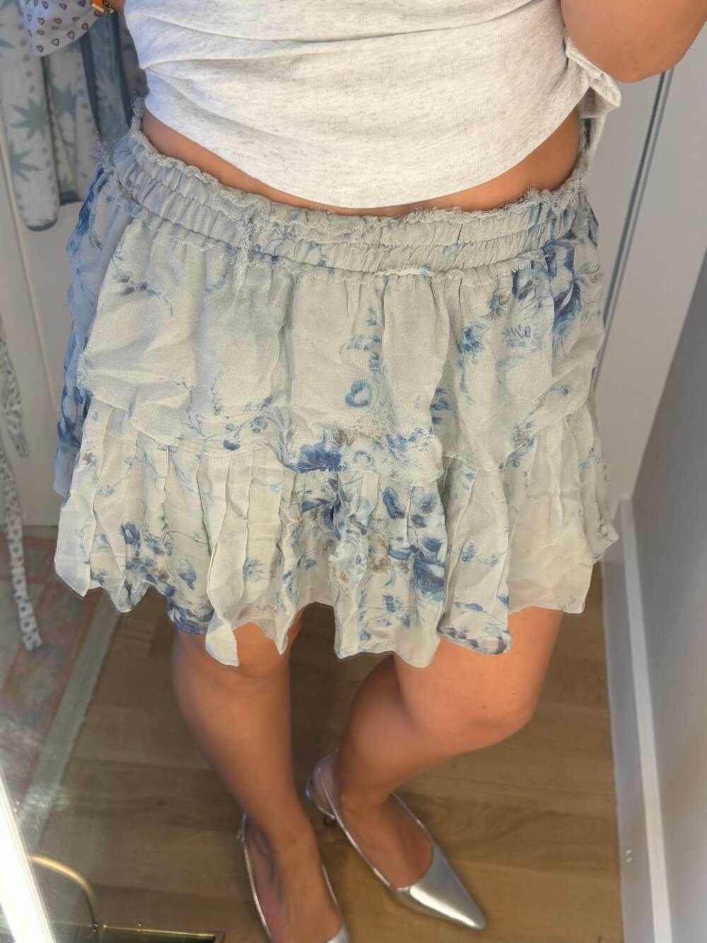 LoveShackFancy Blue Floral Tiered Ruffle Mini Skirt